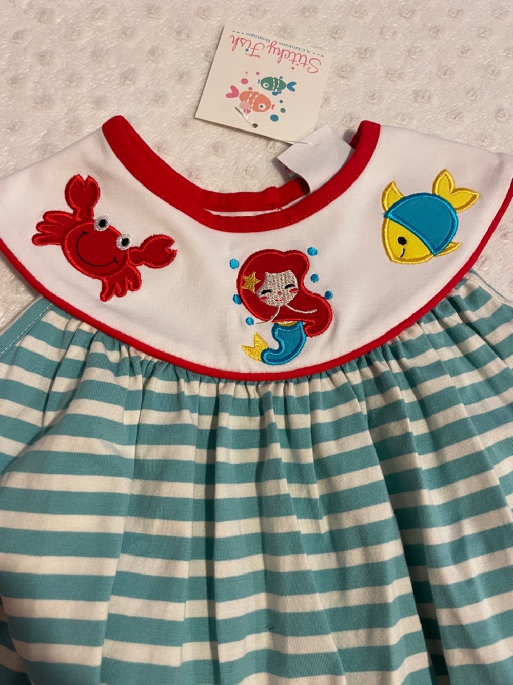Children's Striped Aqua & White Casual Dress with Red Trim - Picture 2 of 3